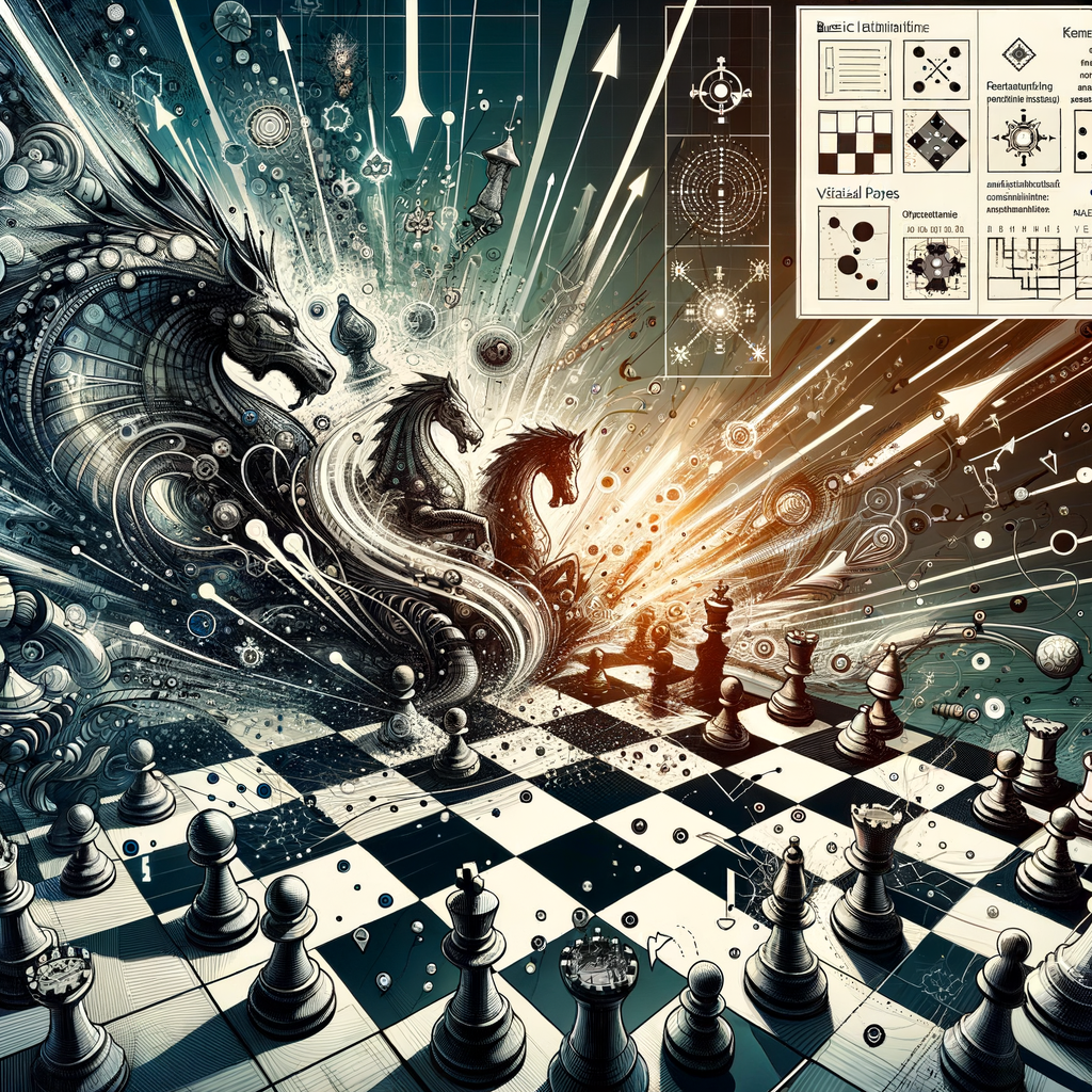 Vivid illustration of a chessboard mid-game showcasing Tactical Patterns in Games, with visual cues for Recognizing and Exploiting Opportunities, and a side panel detailing Basic Tactical Strategies and Opportunity Exploitation Strategies.