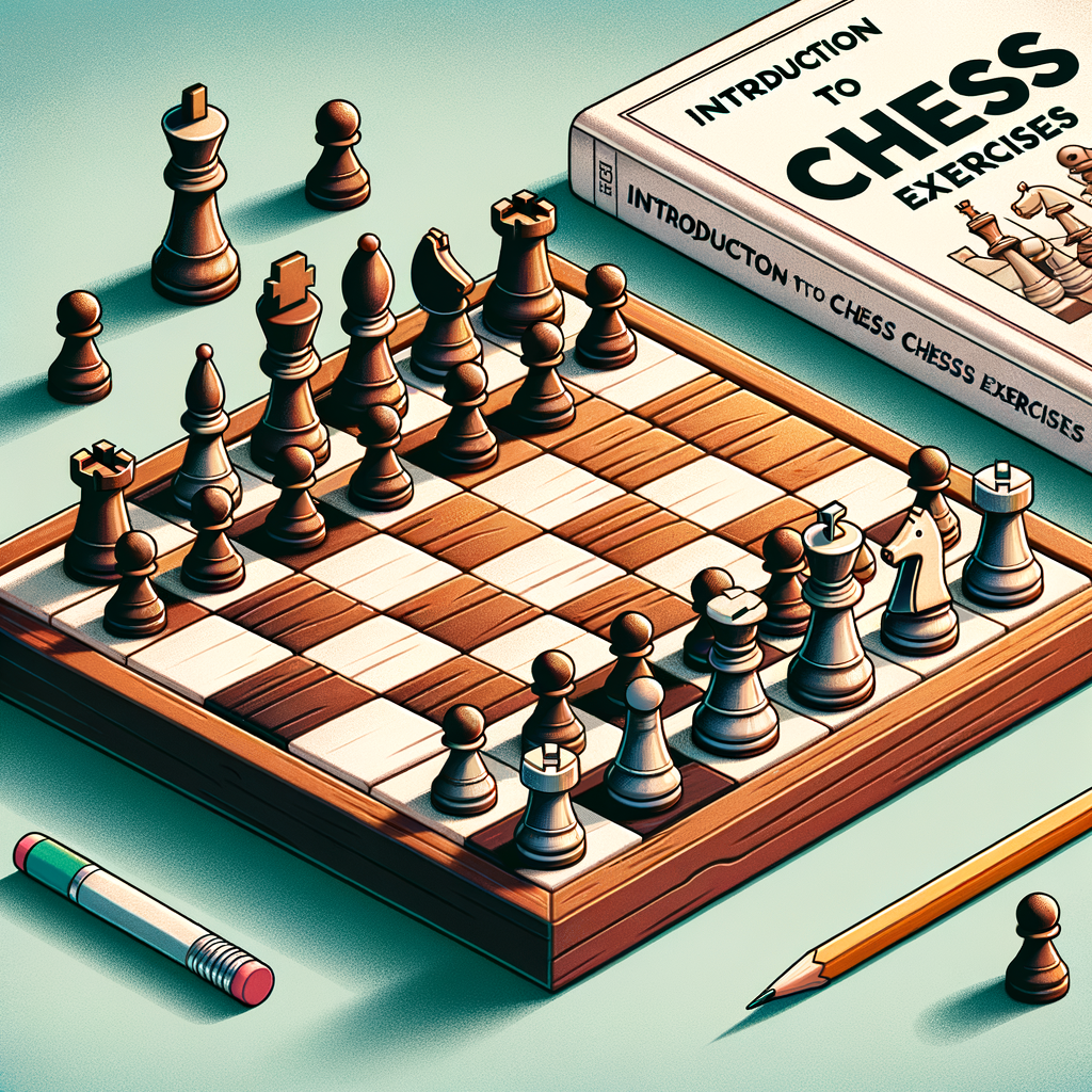 Beginner's chess puzzle on a wooden board with potential moves highlighted, alongside 'Introduction to Chess Exercises' tutorial book and pencil, symbolizing learning chess puzzles for beginners and improving decision-making strategies in chess.