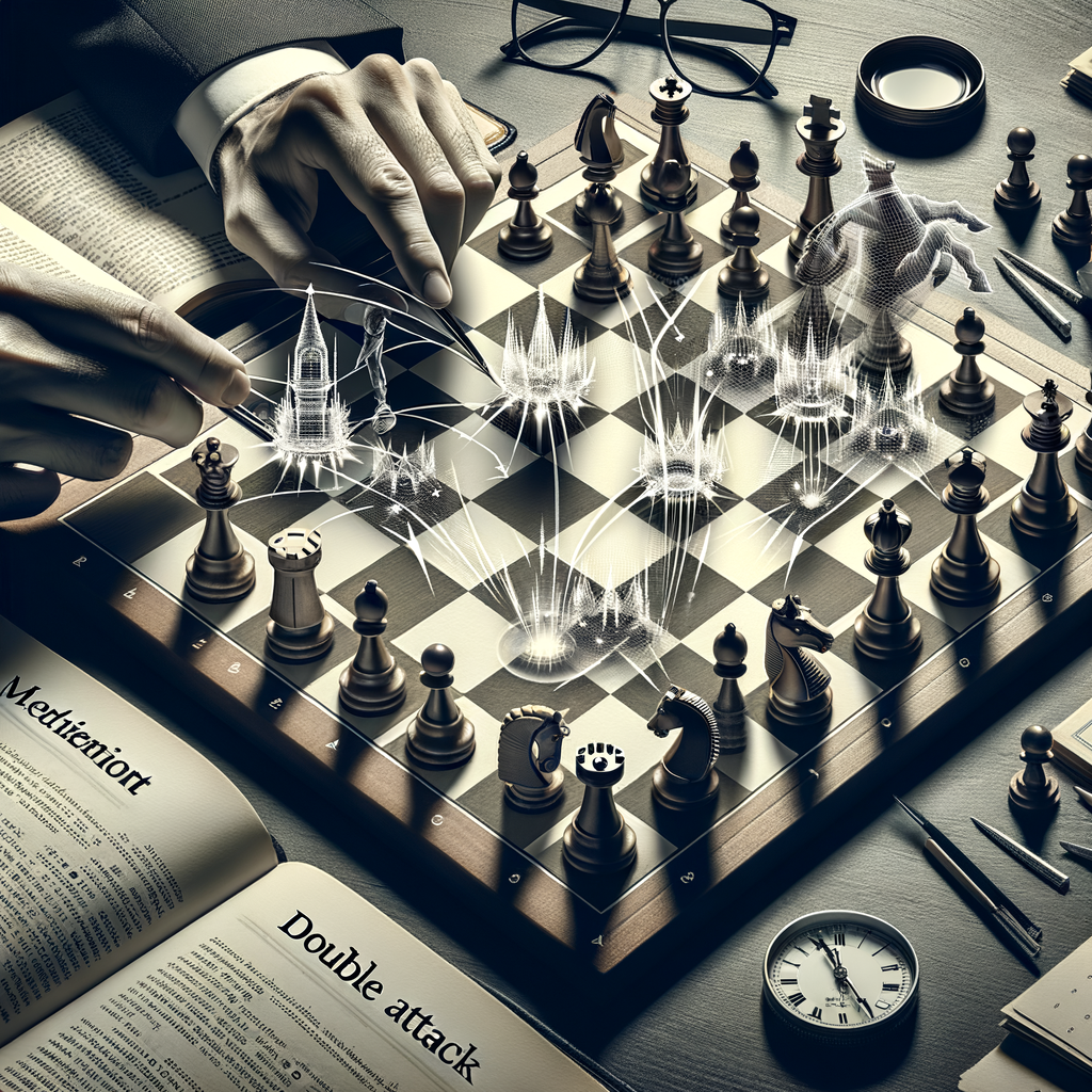 Beginner's guide to chess tactics illustrating a double attack strategy on a professional chess board, demonstrating the power of creating threats in chess for beginners.