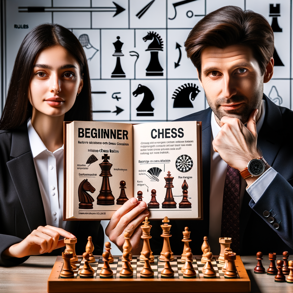 Chess instructor teaching beginner chess tips and strategies on a wooden chessboard, highlighting chess dos and don'ts, rules, and tactics with a beginner's guide book for learning chess basics and improving skills.