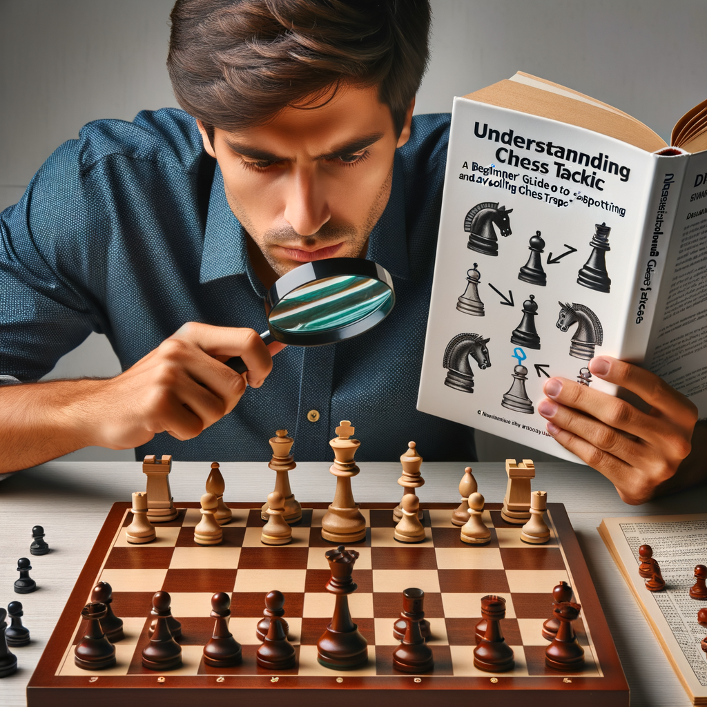 Beginner chess player studying chessboard and guidebook 'Understanding Chess Tactics: A Beginner's Guide to Spotting and Avoiding Chess Traps', improving chess tactical awareness and learning to spot and avoid chess traps for beginners.